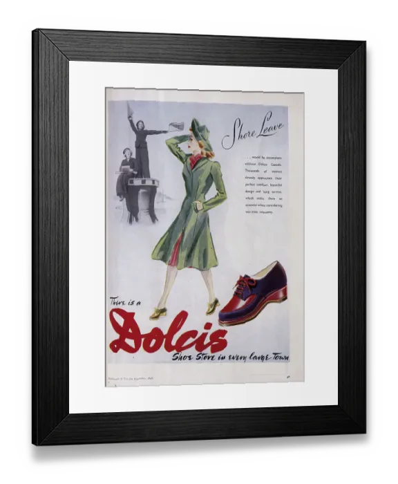 Framed Print : Wartime advert for Dolcis shoes, featuring an image of women serving in the Women's Royal Naval Service. Date: 1943