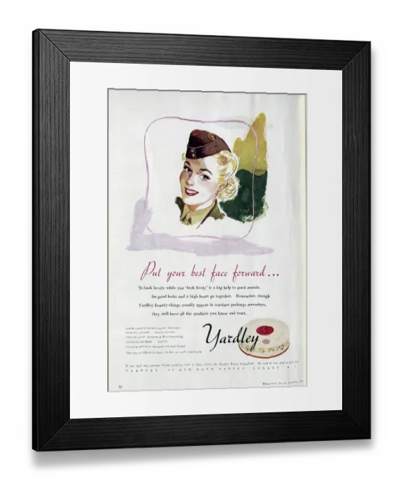 Framed Print : Wartime advert for Yardley Cosmetics, featuring the face of a woman in Auxiliary Territorial Service uniform. Date: 1943 Framed Print : Wartime advert for Yardley Cosmetics, featuring the face of a woman in Auxiliary Territorial Service uniform. Date: 1943