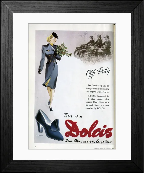 Framed Print : Wartime advert for Dolcis shoes, featuring a festive sprig of holly. Date: 1943 Framed Print : Wartime advert for Dolcis shoes, featuring a festive sprig of holly. Date: 1943