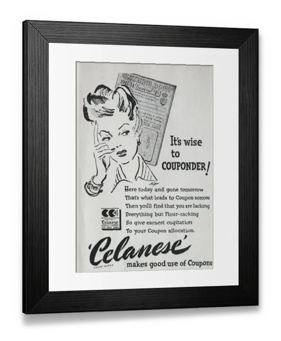 Framed Print : Advert for Celanese, a chemical and speciality materials company whose products included acetate yarn and artificial silk. Date: 1943 Framed Print : Advert for Celanese, a chemical and speciality materials company whose products included acetate yarn and artificial silk. Date: 1943