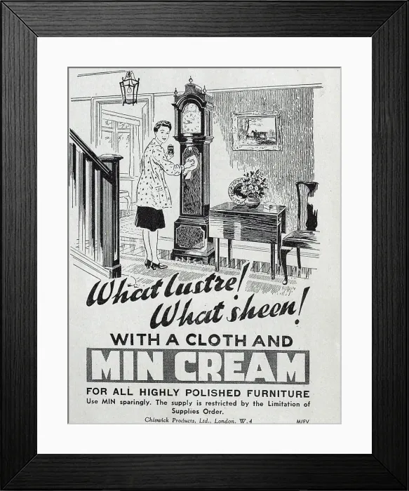 Framed Print : Advert for Min Cream Polish. Supply of the product was restricted during the war. Date: 1943 Framed Print : Advert for Min Cream Polish. Supply of the product was restricted during the war. Date: 1943