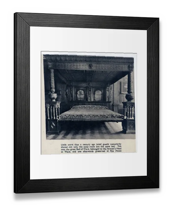 Framed Print : The Great Bed of Ware, once belonging to the Saracen's Head Inn, was later kept at Rye House. Nowadays it resides at the V&A Museum. Date: circa 1954 Framed Print : The Great Bed of Ware, once belonging to the Saracen's Head Inn, was later kept at Rye House. Nowadays it resides at the V&A Museum. Date: circa 1954