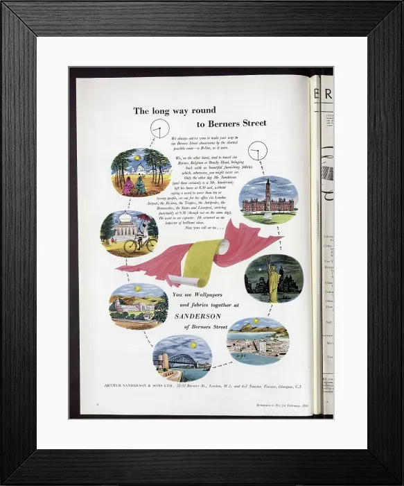 Framed Print : Advert for Arthur Sanderson and Sons, highlighting the international provenance of the fabrics and wallpapers available at their Berners Street showroom. Date: 1954 Framed Print : Advert for Arthur Sanderson and Sons, highlighting the international provenance of the fabrics and wallpapers available at their Berners Street showroom. Date: 1954