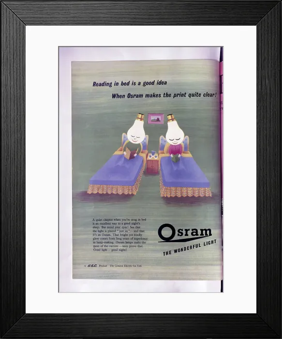 Framed Print : Advert for Osram light bulbs, made by the General Electric Company. Date: 1954 Framed Print : Advert for Osram light bulbs, made by the General Electric Company. Date: 1954