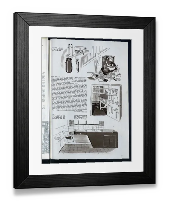 Framed Print : A range of DIY ideas for the home, including a vacuum cleaner storage rack, an office area in the kitchen, and a husband's corner in a converted larder. Date: 1954 Framed Print : A range of DIY ideas for the home, including a vacuum cleaner storage rack, an office area in the kitchen, and a husband's corner in a converted larder. Date: 1954