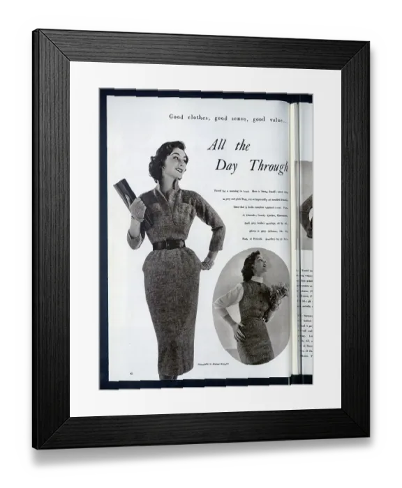 Framed Print : A street dress from Susan Small, a ready-to-wear fashion label founded in the 1940s by Leslie Carr Jones. Date: 1954 Framed Print : A street dress from Susan Small, a ready-to-wear fashion label founded in the 1940s by Leslie Carr Jones. Date: 1954