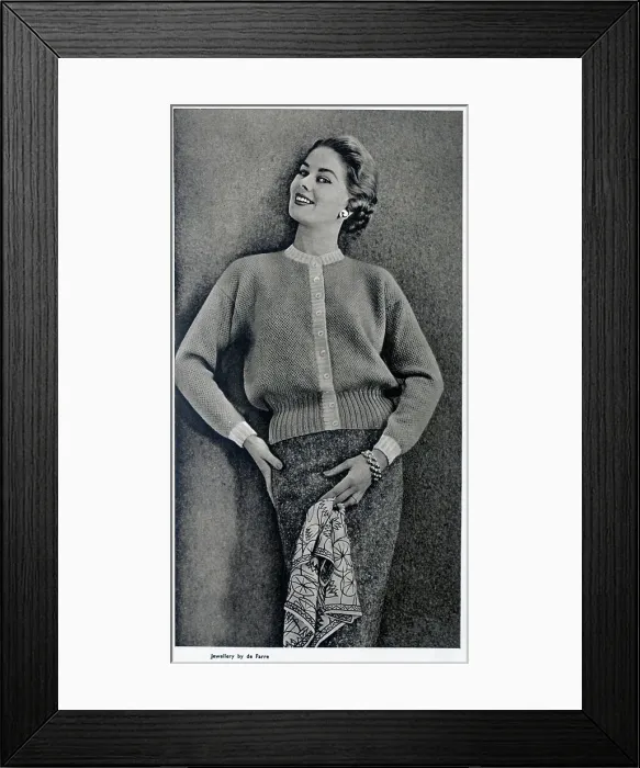 Framed Print : A drop shoulder cardigan in honeycomb stitch, published with instructions on how to create the garment at home. Date: 1954 Framed Print : A drop shoulder cardigan in honeycomb stitch, published with instructions on how to create the garment at home. Date: 1954