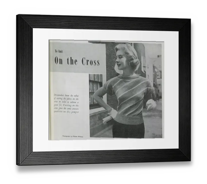 Framed Print : A striped jumper, knitted on the cross'. Date: 1954 Framed Print : A striped jumper, knitted on the cross'. Date: 1954