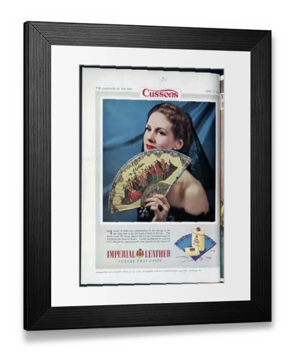 Framed Print : Advert for Imperial Leather Soap, featuring a Louis XV Vernis Martin fan once owned by Catherine the Great. Date: 1954 Framed Print : Advert for Imperial Leather Soap, featuring a Louis XV Vernis Martin fan once owned by Catherine the Great. Date: 1954