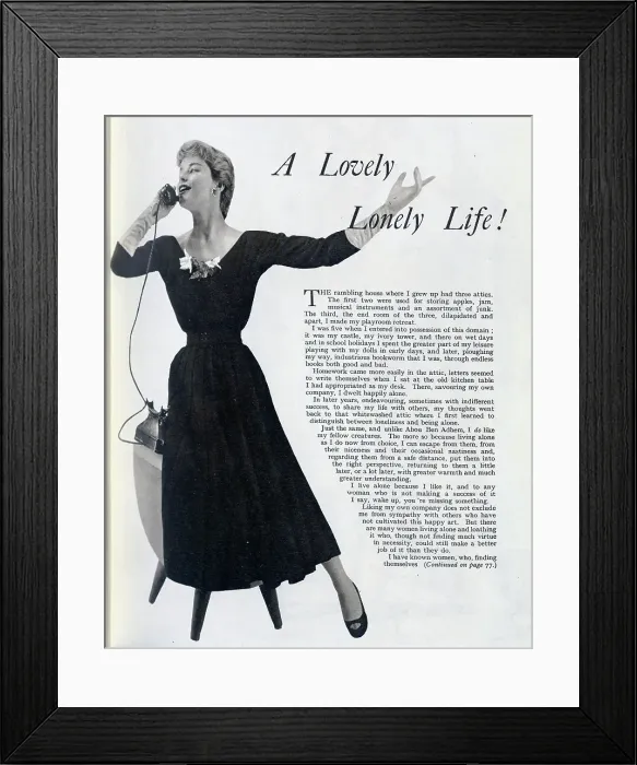 Framed Print : Image of a woman mid-phone conversation, taken from a lifestyle article about living alone. Date: 1954 Framed Print : Image of a woman mid-phone conversation, taken from a lifestyle article about living alone. Date: 1954