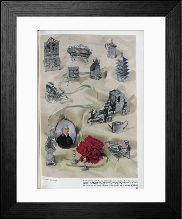 Framed Print : A collection of English, Dutch and oriental silver miniatures. Date: 1954 Framed Print : A collection of English, Dutch and oriental silver miniatures. Date: 1954