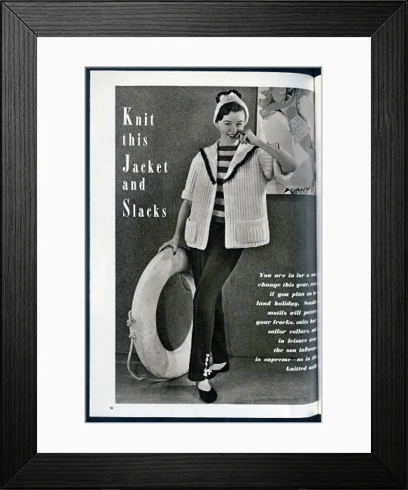 Framed Print : Knitted jacket and slacks, with a fashionable nautical theme. Date: 1954 Framed Print : Knitted jacket and slacks, with a fashionable nautical theme. Date: 1954