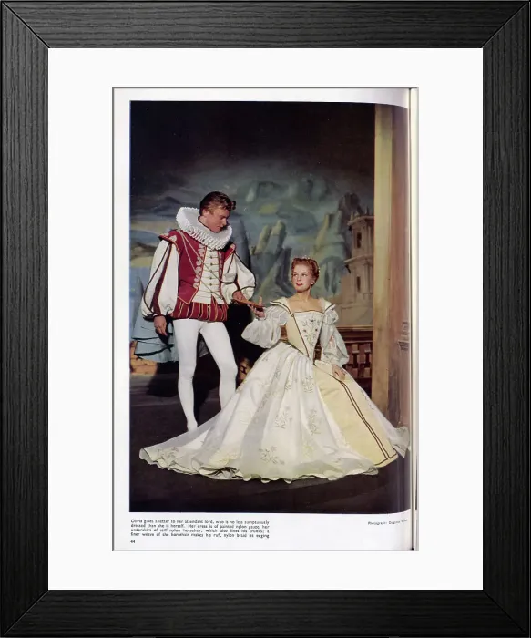 Framed Print : Costumes designed by James Bailey for an Old Vic production of Twelfth Night'. Olivia's dress is painted nylon gauze. Date: 1954 Framed Print : Costumes designed by James Bailey for an Old Vic production of Twelfth Night'. Olivia's dress is painted nylon gauze. Date: 1954