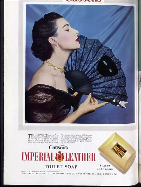 Advert for Cussons Imperial Leather soap, one of a series of ads utilising the language of the fan. Date: 1954