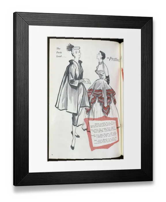 Framed Print : Parisian-inspired female fashion: a horseshoe-collared silk coat from Balmain and an evening dress from Desses. Date: 1954