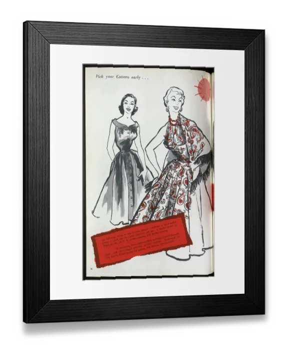 Framed Print : Summer fashions for women: a canoe-necked poplin dress from Bijou, and a halter-necked Paisley dress in marcella pique from Rembrandt. Date: 1954 Framed Print : Summer fashions for women: a canoe-necked poplin dress from Bijou, and a halter-necked Paisley dress in marcella pique from Rembrandt. Date: 1954