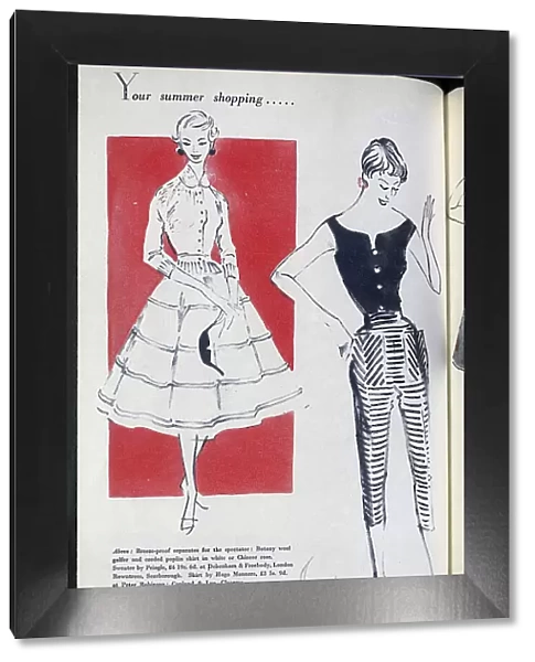 Summer fashion separates for women: a poplin skirt with a sweater, and a poplin top with striped jeans Date: 1954