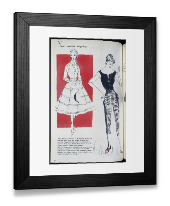 Framed Print : Summer fashion separates for women: a poplin skirt with a sweater, and a poplin top with striped jeans Date: 1954 Framed Print : Summer fashion separates for women: a poplin skirt with a sweater, and a poplin top with striped jeans Date: 1954