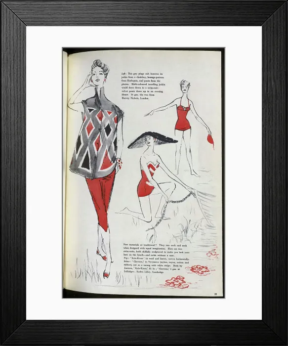 Framed Print : Summer fashion ideas for women: a plage suit with a lozenge-patterned jerkin, and two swimsuits. Date: 1954 Framed Print : Summer fashion ideas for women: a plage suit with a lozenge-patterned jerkin, and two swimsuits. Date: 1954