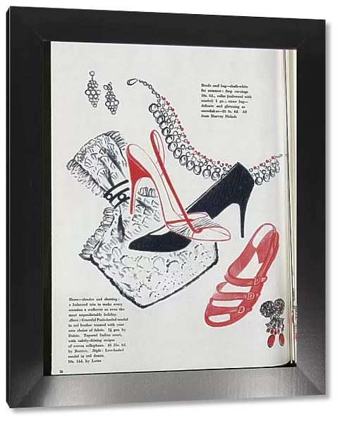 Illustration of fashionable women's shoes and jewellery. Date: 1954