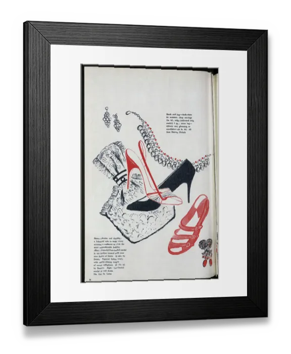 Framed Print : Illustration of fashionable women's shoes and jewellery. Date: 1954 Framed Print : Illustration of fashionable women's shoes and jewellery. Date: 1954