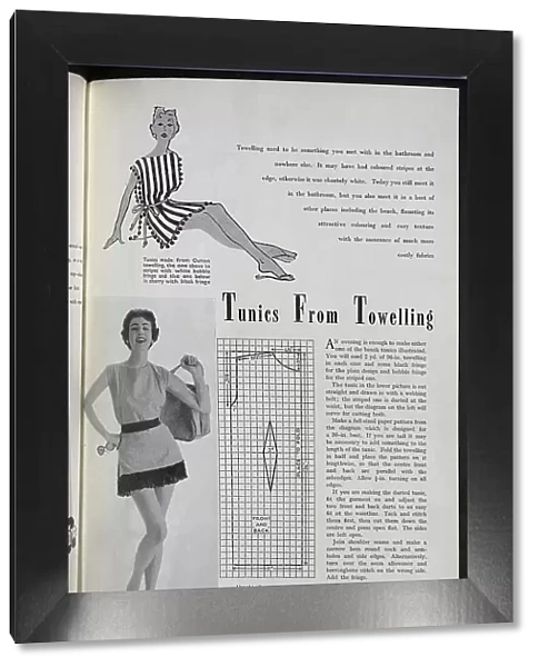 A towelling tunic for the beach, complete with a pattern to make it oneself. Date: 1954
