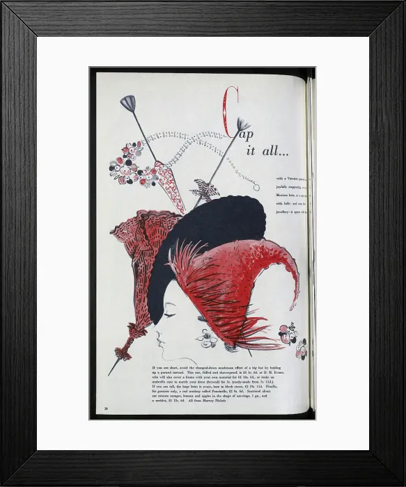 Framed Print : Victorian-style parasols, and a pointed cap. Date: 1954 Framed Print : Victorian-style parasols, and a pointed cap. Date: 1954