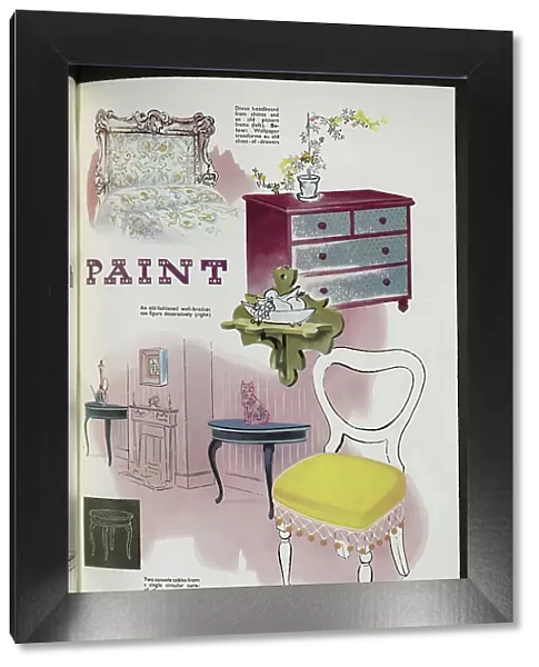 Ideas for transforming furniture using colourful chintz, wallpaper and paint. Date: 1954
