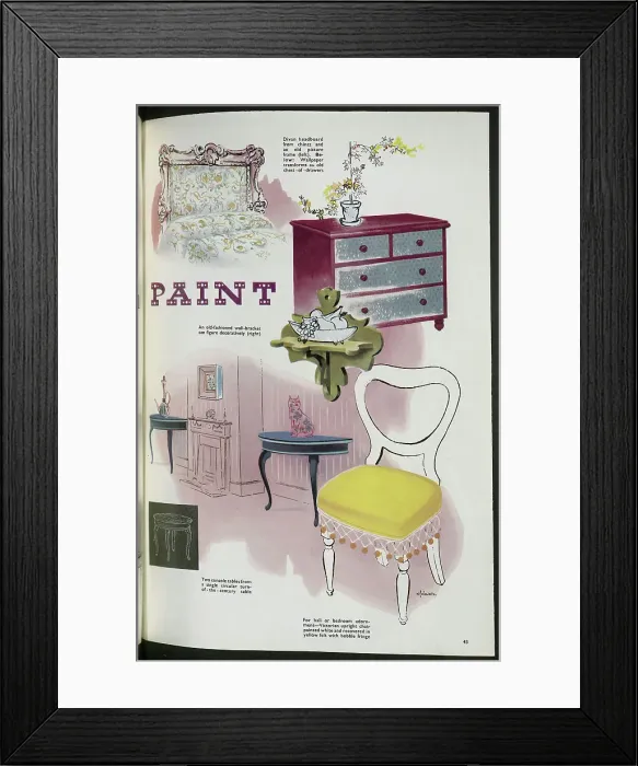 Framed Print : Ideas for transforming furniture using colourful chintz, wallpaper and paint. Date: 1954 Framed Print : Ideas for transforming furniture using colourful chintz, wallpaper and paint. Date: 1954
