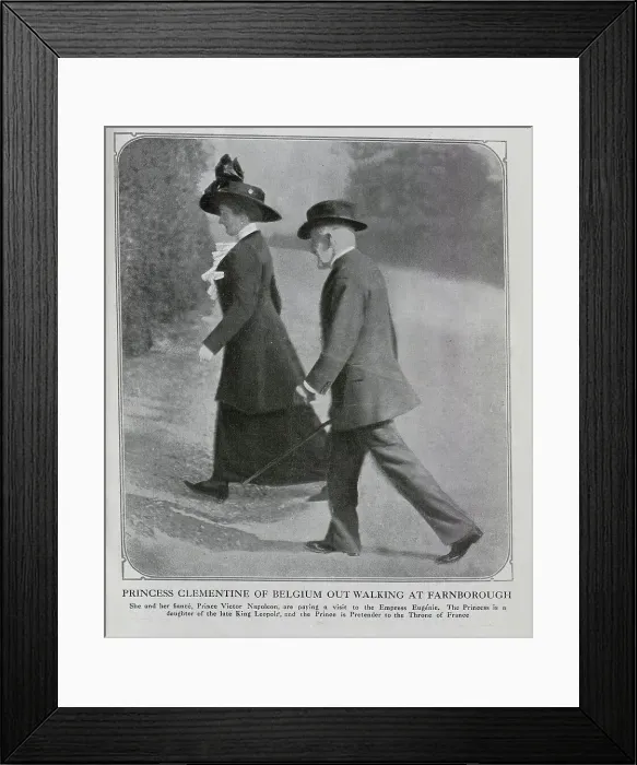 Framed Print : Princess Clementine of Belgium (1872-1955) with fiance, Prince Victor Napoleon (1862-1926), outdoor reportage photograph whilst visiting Empress Eugenie. Front cover, captioned Princess Clementine and fiance out walking at Farnborough