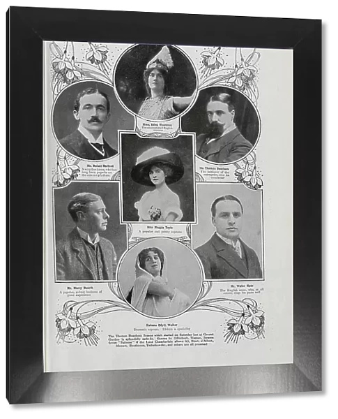 Photographs of opera personalities, within illustrated frame with fuchsias. Including, Mr Robert Radford; A very fine basso, who has long been popular on the concert platform. Mr Harry Dearth; A popular, robust baritone of great experience. Mme