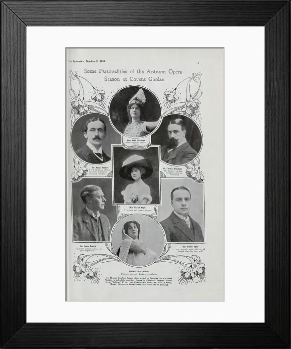 Framed Print : Photographs of opera personalities, within illustrated frame with fuchsias. Including, Mr Robert Radford; A very fine basso, who has long been popular on the concert platform. Mr Harry Dearth; A popular, robust baritone of great experience. Mme Framed Print : Photographs of opera personalities, within illustrated frame with fuchsias. Including, Mr Robert Radford; A very fine basso, who has long been popular on the concert platform. Mr Harry Dearth; A popular, robust baritone of great experience. Mme