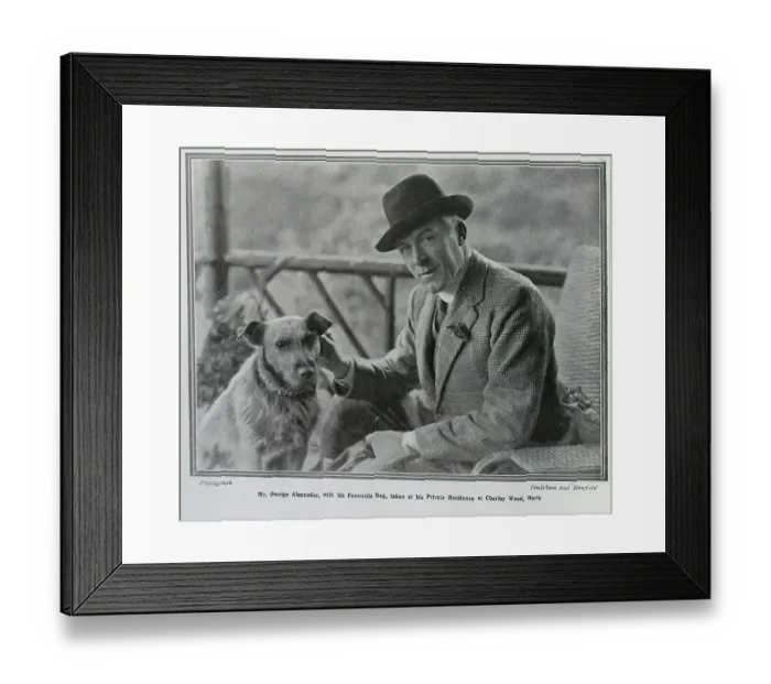 Framed Print : Photograph of George Alexander, actor, theatre producer and theatre manager (1858-1918) with his dog. captioned, D'Arcy of The Guards At Home Framed Print : Photograph of George Alexander, actor, theatre producer and theatre manager (1858-1918) with his dog. captioned, D'Arcy of The Guards At Home