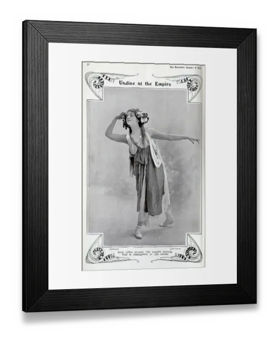 Framed Print : Photograph of Lydia Kyasht, Russian British ballerina and dance teacher (1885-1959). Theatrical studio portrait in classical costume and ballet shoes in dance pose. Captioned, Undine at the Empire'. Date: 1910 Framed Print : Photograph of Lydia Kyasht, Russian British ballerina and dance teacher (1885-1959). Theatrical studio portrait in classical costume and ballet shoes in dance pose. Captioned, Undine at the Empire'. Date: 1910