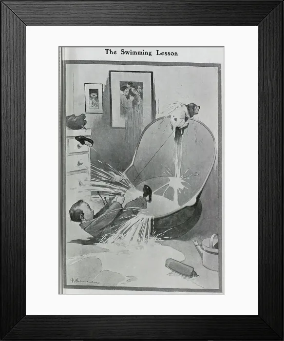 Framed Print : Caricature illustration by G F Studdy, of dog on leash and boy being tipped out of bath tub with water. Captioned, The Swimming Lesson'. George F Studdy, illustrator, renowned for series of works on the dog, Bonzo Framed Print : Caricature illustration by G F Studdy, of dog on leash and boy being tipped out of bath tub with water. Captioned, The Swimming Lesson'. George F Studdy, illustrator, renowned for series of works on the dog, Bonzo