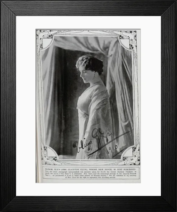 Framed Print : Elinor Glyn, British novelist and scriptwriter who specialised in romantic fiction (1864-1943). Studio portrait in formal gown with autograph. The portrait was specially taken for HIH Grand Duchess Vladimir, of the Imperial Russian Family Framed Print : Elinor Glyn, British novelist and scriptwriter who specialised in romantic fiction (1864-1943). Studio portrait in formal gown with autograph. The portrait was specially taken for HIH Grand Duchess Vladimir, of the Imperial Russian Family