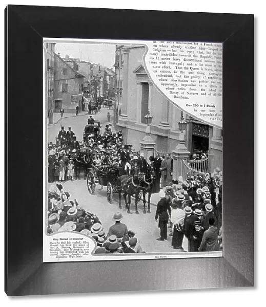King Manoel II of Portugal (1899-1932) and his mother Queen Amelia, leaving the Cathedral in a carriage at Gibraltar. Outdoor reportage photograph with carriage, horses and spectators