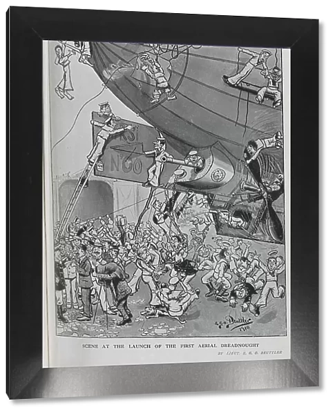 Caricature illustration of chaotic scenes with crew, captain, journalists and photographer, with Dreadnought airship. Captioned, When Britain rules the skies'and Scene at the launch of the first aerial Dreadnought