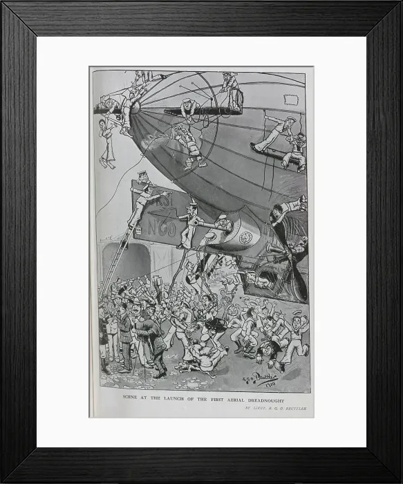 Framed Print : Caricature illustration of chaotic scenes with crew, captain, journalists and photographer, with Dreadnought airship. Captioned, When Britain rules the skies'and Scene at the launch of the first aerial Dreadnought Framed Print : Caricature illustration of chaotic scenes with crew, captain, journalists and photographer, with Dreadnought airship. Captioned, When Britain rules the skies'and Scene at the launch of the first aerial Dreadnought