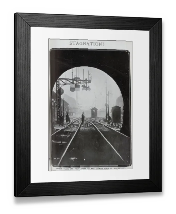 Framed Print : Photograph of rail strike in France, with soldier and striking worker with rifles and bayonets, on railway line by signals, at the exit from a tunnel. Captioned, Stagnation Framed Print : Photograph of rail strike in France, with soldier and striking worker with rifles and bayonets, on railway line by signals, at the exit from a tunnel. Captioned, Stagnation