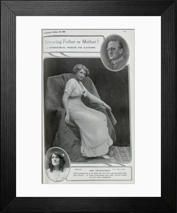 Framed Print : Phyllis Neilson-Terry, actress, (1892-1977) theatrical studio portrait. Captioned, Favouring Father or Mother?: A Physiognomical Problem For Playgoers Framed Print : Phyllis Neilson-Terry, actress, (1892-1977) theatrical studio portrait. Captioned, Favouring Father or Mother?: A Physiognomical Problem For Playgoers
