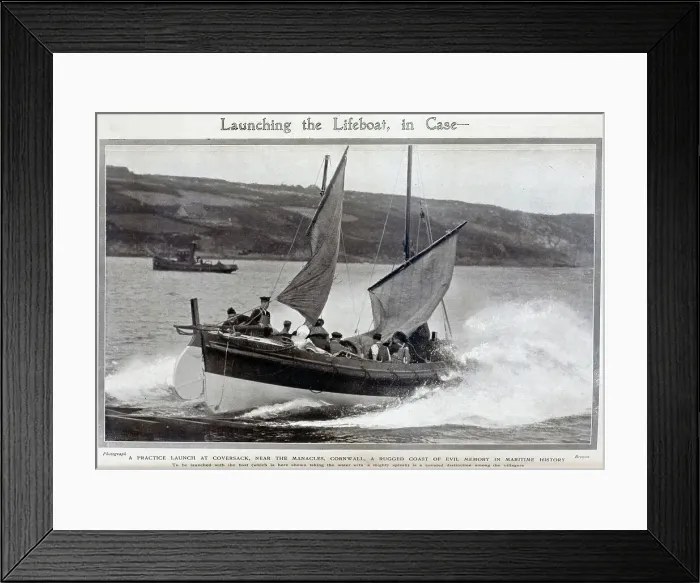Framed Print : Photograph of a practice launch of the Lifeboat, Coversack, Cornwall. Outdoor seascape action shot. Captioned, Launching the Lifeboat, in case Framed Print : Photograph of a practice launch of the Lifeboat, Coversack, Cornwall. Outdoor seascape action shot. Captioned, Launching the Lifeboat, in case