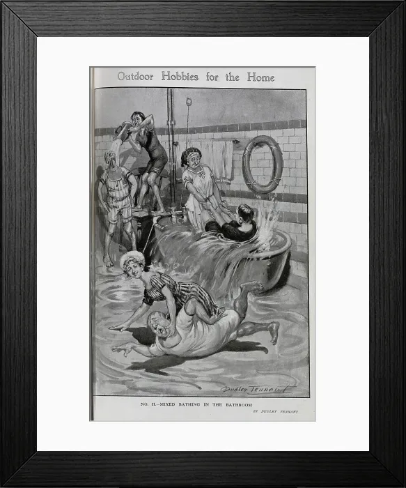 Framed Print : Caricature illustration by Dudley Tennant, mixed bathing in the bathroom. With men and women in bathing suits, and an overflowing bathtub. Captioned, Outdoor hobbies for the home Framed Print : Caricature illustration by Dudley Tennant, mixed bathing in the bathroom. With men and women in bathing suits, and an overflowing bathtub. Captioned, Outdoor hobbies for the home
