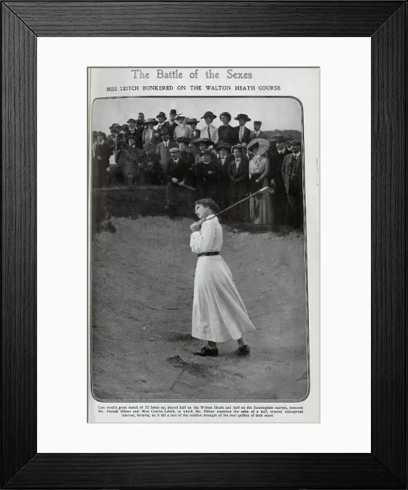 Framed Print : Cecelia Leitch, golfer, outdoor sporting photograph in a bunker, during the match against Harold Hilton. Showing Cecilia Leitch taking a shot, with spectators in background Framed Print : Cecelia Leitch, golfer, outdoor sporting photograph in a bunker, during the match against Harold Hilton. Showing Cecilia Leitch taking a shot, with spectators in background