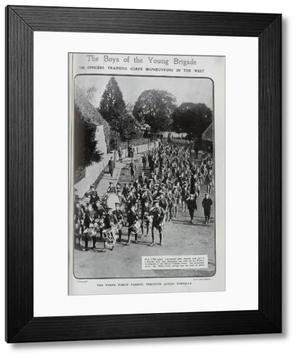 Framed Print : Parade of White Corps in Acton Turville, Western Contingent of The Officers Training Corps. Outdoor military photograph passing through village. Captioned, The Boys of the Young Brigade: The Officers Training Corps Manoeuvring In The West Framed Print : Parade of White Corps in Acton Turville, Western Contingent of The Officers Training Corps. Outdoor military photograph passing through village. Captioned, The Boys of the Young Brigade: The Officers Training Corps Manoeuvring In The West