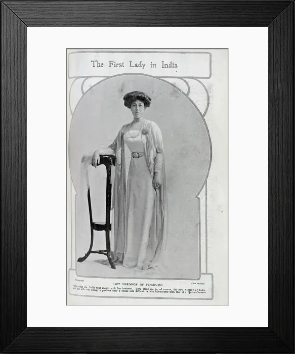 Framed Print : Lady Hardinge of Penshurst, formal studio portrait in gown and pearls. Captioned, The First Lady in India'. With description, Lady Hardinge of Penshurst: Who sails for India next month with her husband Framed Print : Lady Hardinge of Penshurst, formal studio portrait in gown and pearls. Captioned, The First Lady in India'. With description, Lady Hardinge of Penshurst: Who sails for India next month with her husband