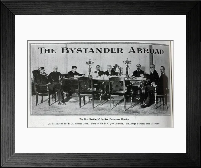 Framed Print : Photograph of the first meeting of the new Portuguese Ministry. With description, The First Meeting of the New Portuguese Ministry; On the extreme left is Dr Alfonso Costa. Next to him is H Jose Almeida. Dr Braga is seated near the centre Framed Print : Photograph of the first meeting of the new Portuguese Ministry. With description, The First Meeting of the New Portuguese Ministry; On the extreme left is Dr Alfonso Costa. Next to him is H Jose Almeida. Dr Braga is seated near the centre