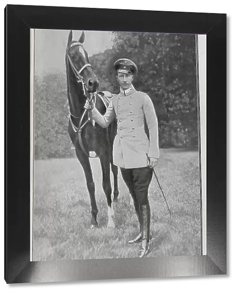 German Crown Prince, outdoor sporting portrait with horse. Captioned, Preparing For His Eastern Trip: the Kaiser's eldest son still on his native soil'. With description, The German Crown Prince was twenty-eight last May