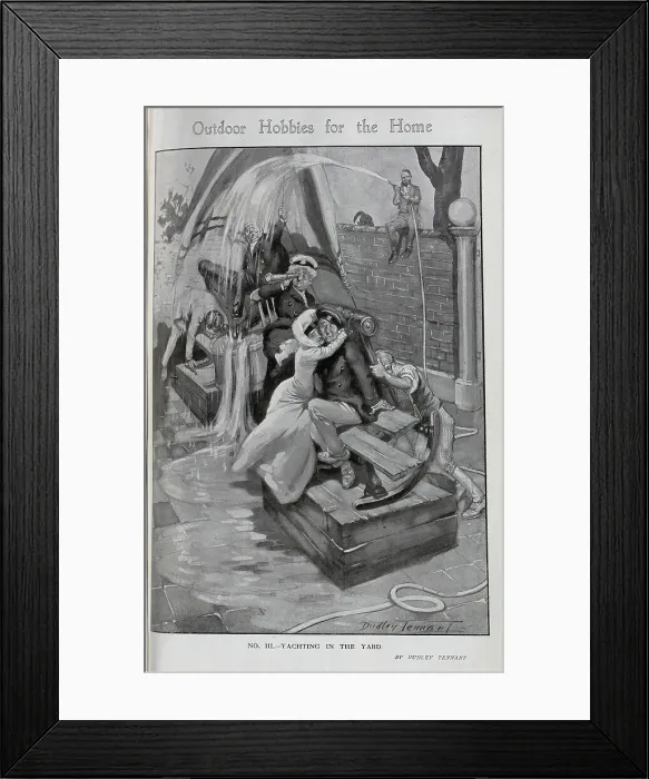 Framed Print : Caricature illustration, Yachting in the Yard, with a family balanced on crates and furniture, whilst the gardener drenches them with a hose. Captioned, Outdoor hobbies for the home Framed Print : Caricature illustration, Yachting in the Yard, with a family balanced on crates and furniture, whilst the gardener drenches them with a hose. Captioned, Outdoor hobbies for the home