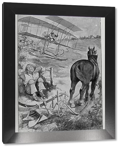 Caricature illustration of crashing plane by E F Sherie. Captioned, It is an ill wind. An old proverb with an up to date illustration'. Showing a biplane crashing in a field, whilst the farmer and cart horse take a rest